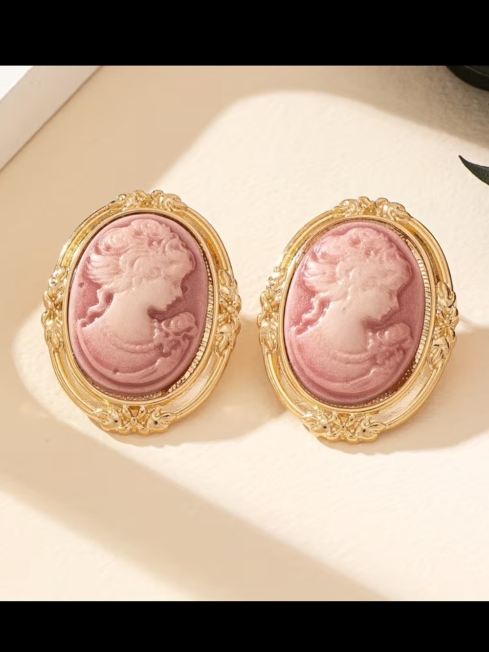 Vintage-Inspired Pink Cameo Gold Frame Earrings